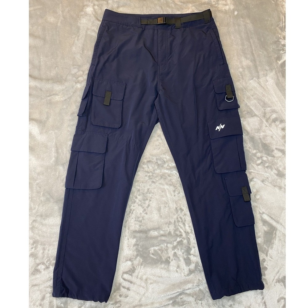 NINEpointNINE Cargo Pants Mens Medium Navy Blue Integrated Belt Techwear